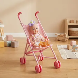 8-inch soft silicone reborn baby doll in floral dress with pink toy stroller set