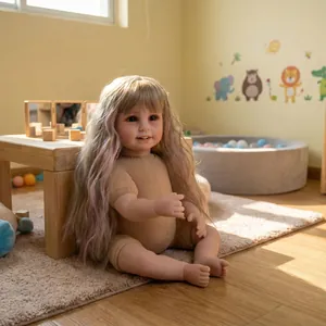 Realistic reborn baby doll with long blonde hair in a cozy sunlit nursery room