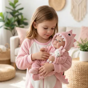 18-inch realistic reborn baby doll wearing a pink dinosaur onesie with a plush toy