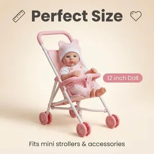 12-inch lifelike baby doll with pink striped overalls and matching toy stroller set