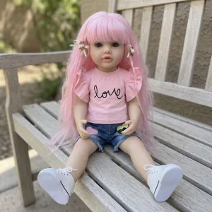 Lifelike Realistic Reborn Doll Hand Painted Full Vinyl Body Washable Pink Hair Doll With Heart Denim Shorts T-Shirt Outfit