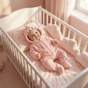 Poupée Reborn réaliste de 17 pouces en pyjama dinosaure rose dans un berceau en bois blanc