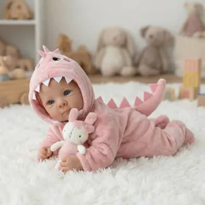 Lifelike 18 inch reborn baby doll in pink dinosaur onesie with small plush rabbit