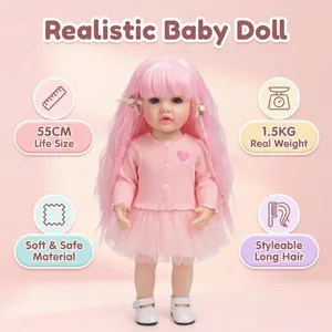 55cm naturgetreue Reborn Babypuppe Betty mit langen rosa Haaren und Strickjacke