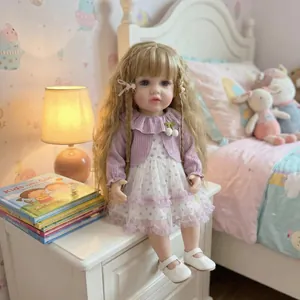 Realistic Reborn Baby Doll Lifelike Full Vinyl Body Long Curly Blonde Hair Purple Cardigan Polka Dot Dress Doll Girl Toy