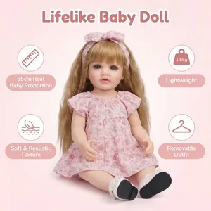 22 Inch Reborn Baby Doll 55cm Full Vinyl Realistic Newborn Doll With Blonde Hair Pink Floral Dress Bow Headband For Girls Gift