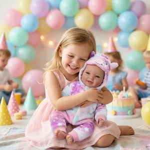 Realistic 17 inch reborn doll in purple unicorn outfit held by a girl at a party