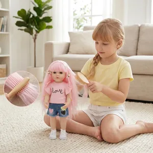 Realistic 22-inch doll with long pink hair, love t-shirt, and denim heart shorts