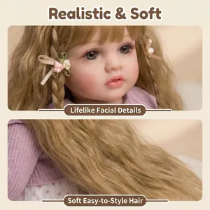 Realistic 22-inch reborn doll Betty with long brown curly hair and purple knit top