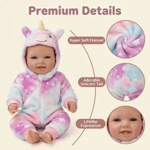 17-inch realistic reborn baby doll wearing a soft unicorn themed tie-dye flannel outfit
