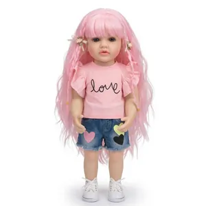 Realistic 22-inch reborn doll with long pink hair, love t-shirt, and heart denim shorts