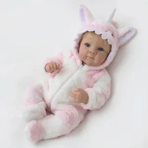 Poupée Reborn réaliste de 18 pouces en barboteuse à capuche licorne en peluche rose doux