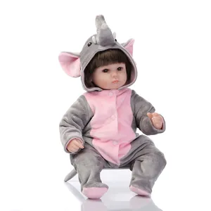 Realistic reborn baby doll in plush grey and pink elephant onesie with brown eyes