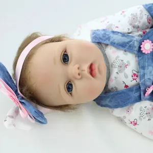 Realistic Reborn Baby Doll With Soft Silicone Limbs Cotton Body Brown Hair Blue Eyes Denim Outfit Accessories For Girls Gift