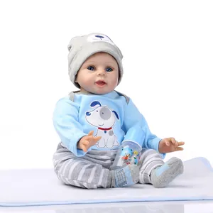 55cm lifelike newborn reborn doll with blue puppy outfit and grey bear knit hat
