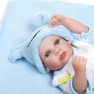 Mini realistic reborn baby doll with blue bear hat and Happy Day white t-shirt
