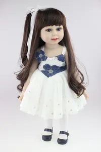 Detail of 18 inch realistic princess doll with long brown hair and blue lace dress