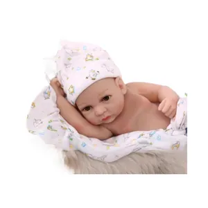 Realistic mini baby doll in animal print hat and swaddle wrap on soft plush background