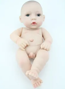 Detailed view of anatomically correct reborn baby doll with realistic skin and blue eyes