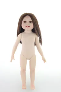 Macro shot of 18 inch realistic doll body with long brown hair and detailed facial features