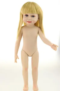 Detailed close-up of 18-inch doll with long blonde hair, blue eyes and vinyl body