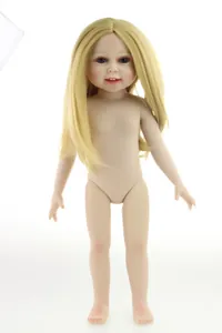 Detailed full view of an 18-inch realistic girl doll with long blonde hair and blue eyes