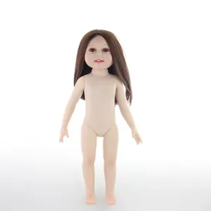Realistic 18-inch girl doll with long brown hair and fair skin on white background