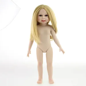 Realistic 18 inch girl doll with blonde hair and blue eyes standing on white background