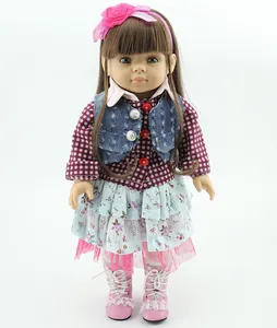 Detailed front view of a realistic doll with brown hair and floral tiered skirt