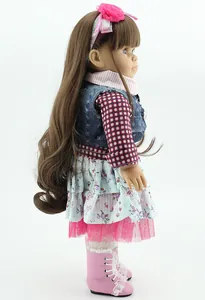 Detailed side view of 18-inch doll wearing a denim vest and multi-layered floral skirt