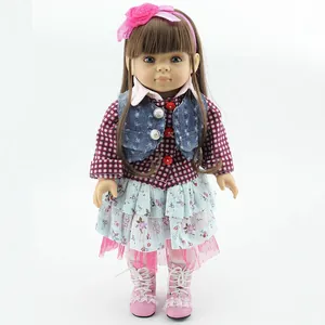 Simulation Girl Doll Fashion Play Toy With Brown Hair Denim Vest Plaid Shirt Floral Skirt Pink Boots Posable Doll Toy Gift For Kids