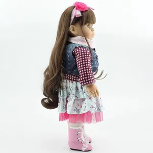 American girl style 18-inch doll with brown curly hair and pink flower headband