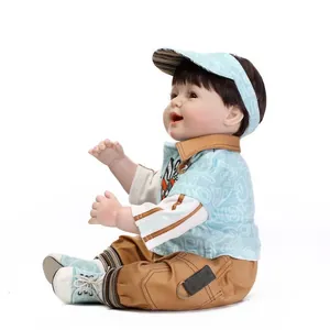 Detailed realistic baby doll wearing a light blue hat and Bugs Bunny print shirt