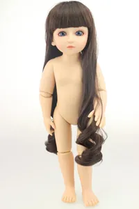 Detailed view of BJD girl doll with blue eyes, brown curly hair, and ball joints