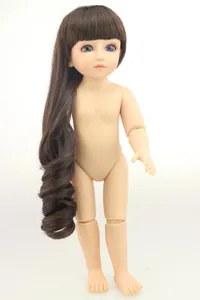 Detailed view of BJD doll body with long brown curly hair and blue eyes for DIY styling