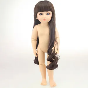 Articulated BJD doll with long wavy brown hair and blue eyes on white background