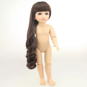 Articulated BJD doll with long brown curly hair and realistic blue 3D eyes