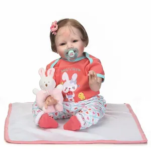 Realistic Reborn Baby Doll Lifelike Soft Silicone Vinyl Limbs Cotton Body Pink Rabbit Outfit Toy Accessories Girls Gift