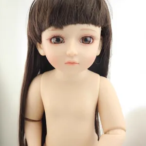 Articulated BJD doll with long brown hair and realistic brown eyes on white background