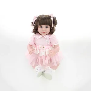 Realistic Reborn Baby Doll 20 Inch Soft Cloth Body Lifelike Vinyl Silicone Princess Girl Pink Lace Dress Brown Hair Toy
