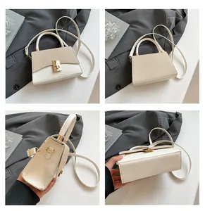 Detailed four-angle view of beige trapezoid handbag with gold textured flap and rotary lock