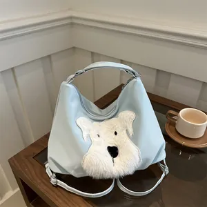 Women PU Leather Shoulder Bag Plush Schnauzer Dog Patch Large Capacity Tote Bag Casual Commuting Handbag