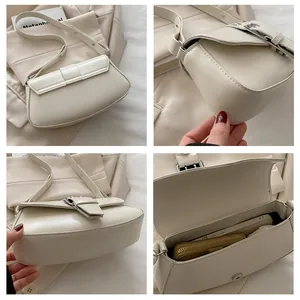 Detailed four-view of beige PU leather shoulder bag showing interior capacity and metal clasp