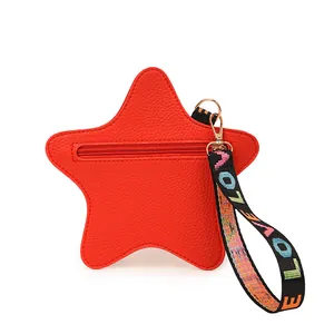 Star shaped red leather crossbody bag with star zipper and love print wrist strap