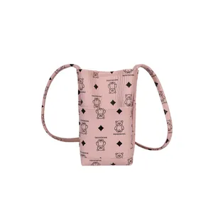 Mini sac seau rose pour téléphone avec imprimé ours et bandoulière réglable