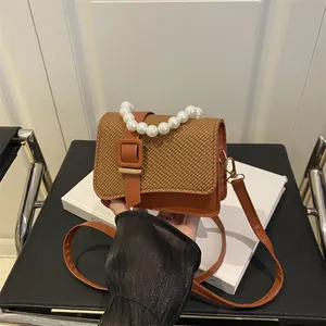 Dames Mini Crossbodytas Parelgreep Geweven Textuur PU Leer Handtas Kleine Vierkante Schoudertas Met Gesp Portemonnee