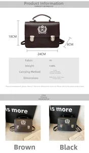 Detailed size chart and specifications for the JK school style PU leather satchel bag