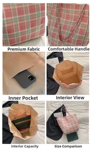 Detail view of pink and green plaid tote bag with spacious interior and inner pocket