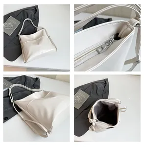 Detailed views of beige PU leather tote bag featuring metal zipper and adjustable strap