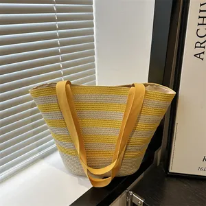 Striped Woven Tote Bag For Women Summer Straw Beach Bag Large Capacity Handmade Shoulder Bag Casual Vacation Shopping Bag